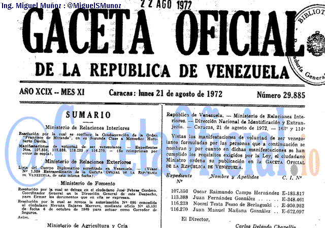 Gaceta Oficial 29885 del 21 Agosto 1972