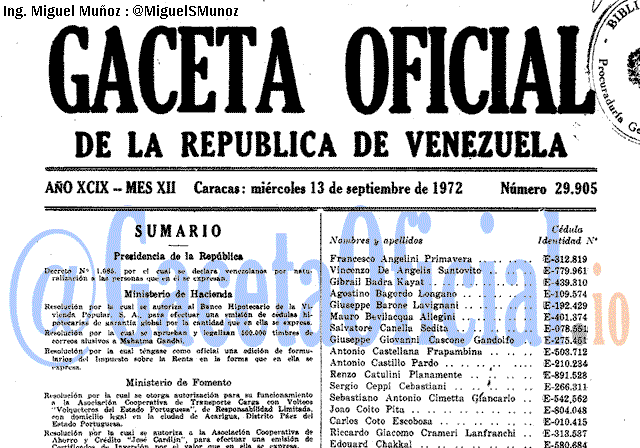 Gaceta Oficial 29905 del 13 Septiembre 1972