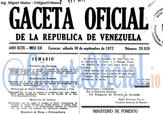 Gaceta Oficial 29920 del 30 Septiembre 1972