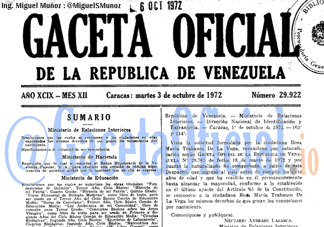 Gaceta Oficial 29922 del 3 Octubre 1972