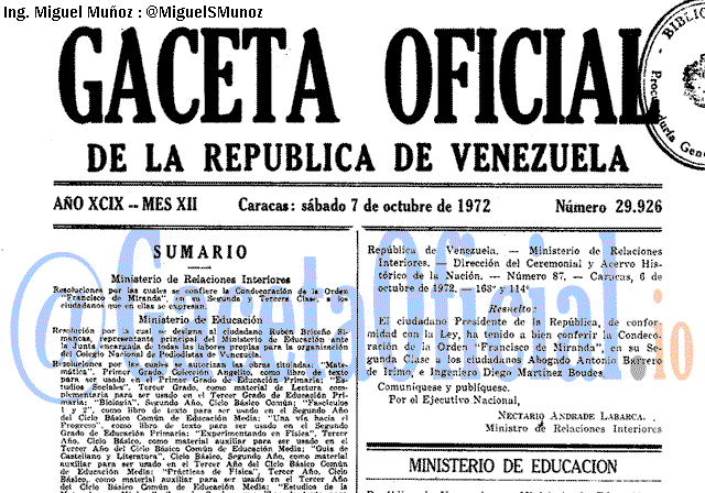 Gaceta Oficial 29926 del 7 Octubre 1972