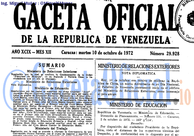 Gaceta Oficial 29928 del 10 Octubre 1972