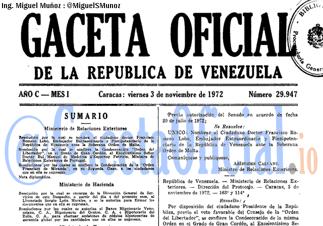 Gaceta Oficial 29947 del 3 Noviembre 1972