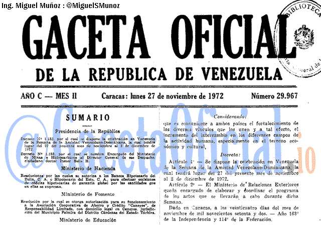 Gaceta Oficial 29967 del 27 Noviembre 1972