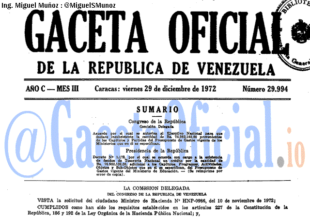 Gaceta Oficial 29994 del 29 Diciembre 1972