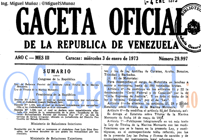 Gaceta Oficial 29997 del 3 Enero 1973