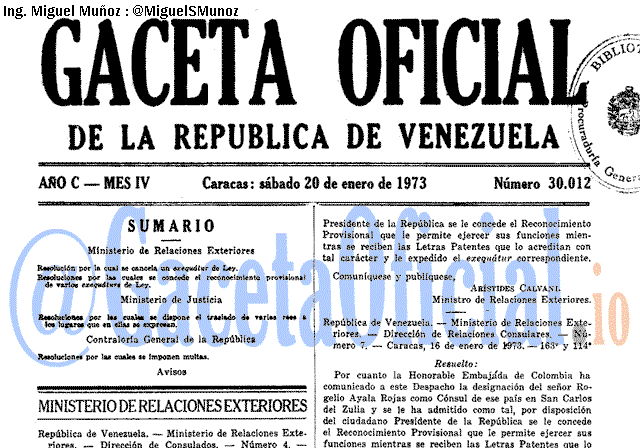 Gaceta Oficial 30012 del 20 Enero 1973