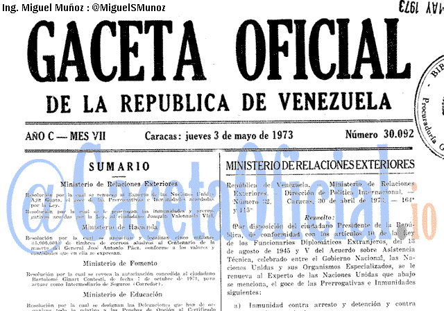 Gaceta Oficial 30092 del 3 Mayo 1973