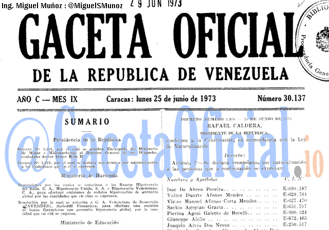 Gaceta Oficial 30137 del 25 Junio 1973