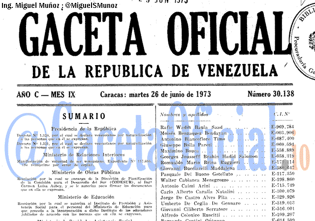 Gaceta Oficial 30138 del 26 Junio 1973
