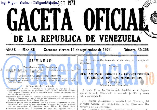 Gaceta Oficial 30205 del 14 Septiembre 1973