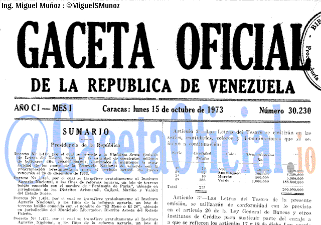 Gaceta Oficial 30230 del 15 Octubre 1973