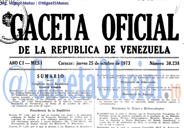 Gaceta Oficial 30238 del 25 Octubre 1973