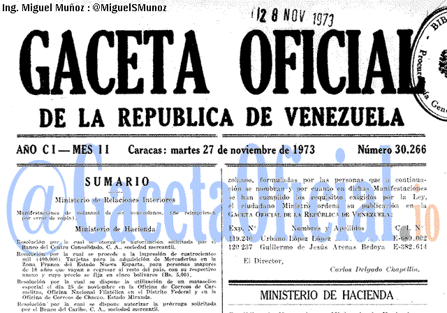 Gaceta Oficial 30266 del 27 Noviembre 1973
