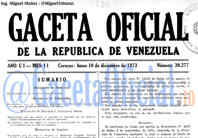 Gaceta Oficial 30277 del 10 Diciembre 1973
