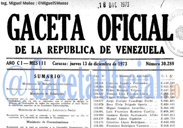 Gaceta Oficial 30280 del 13 Diciembre 1973