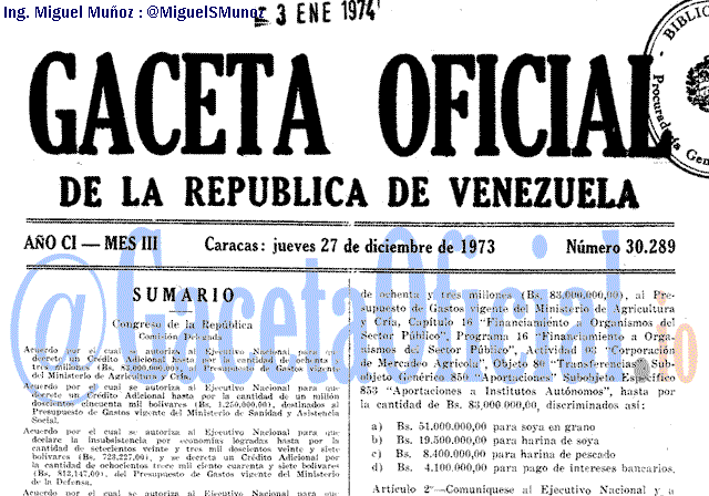 Gaceta Oficial 30289 del 27 Diciembre 1973