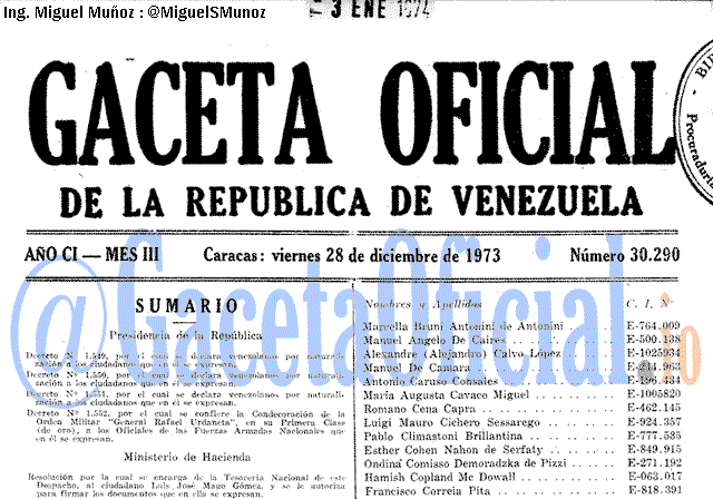 Gaceta Oficial 30290 del 28 Diciembre 1973