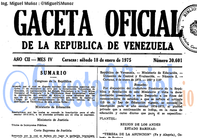 Gaceta Oficial 30601 del 18 Enero 1975