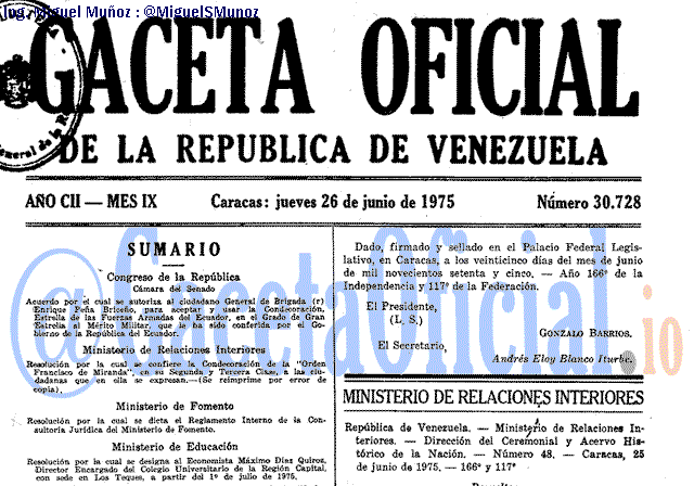Gaceta Oficial 30728 del 26 Junio 1975
