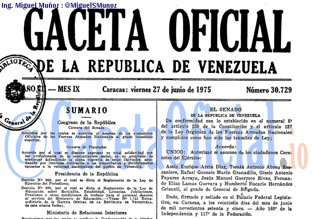 Gaceta Oficial 30729 del 27 Junio 1975