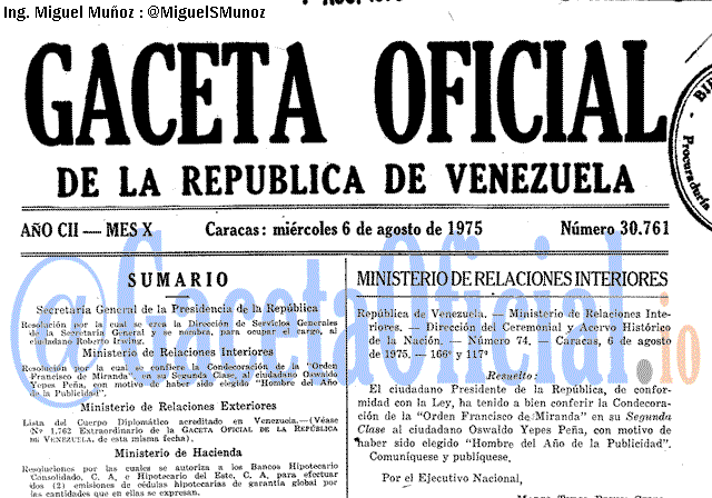 Gaceta Oficial 30761 del 6 Agosto 1975