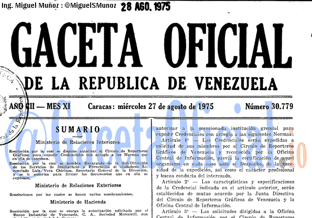 Gaceta Oficial 30779 del 27 Agosto 1975