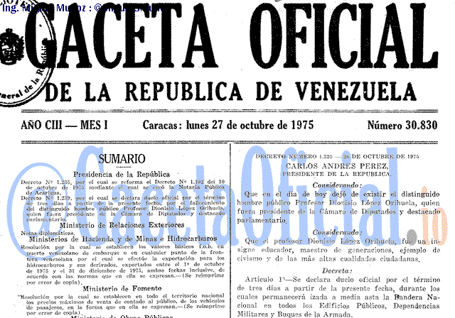 Gaceta Oficial 30830 del 27 Octubre 1975