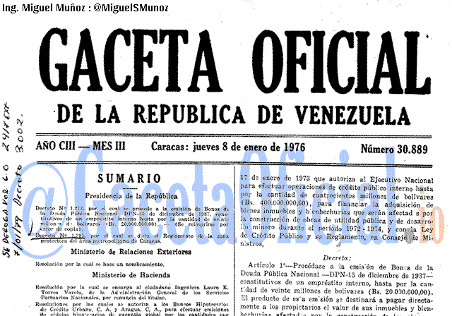 Gaceta Oficial 30889 del 8 Enero 1976