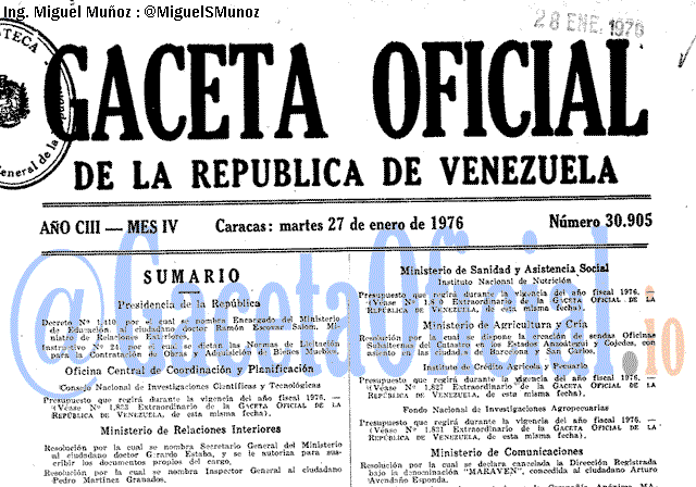 Gaceta Oficial 30905 del 27 Enero 1976