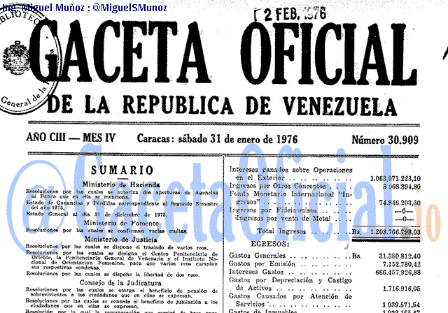 Gaceta Oficial 30909 del 31 Enero 1976