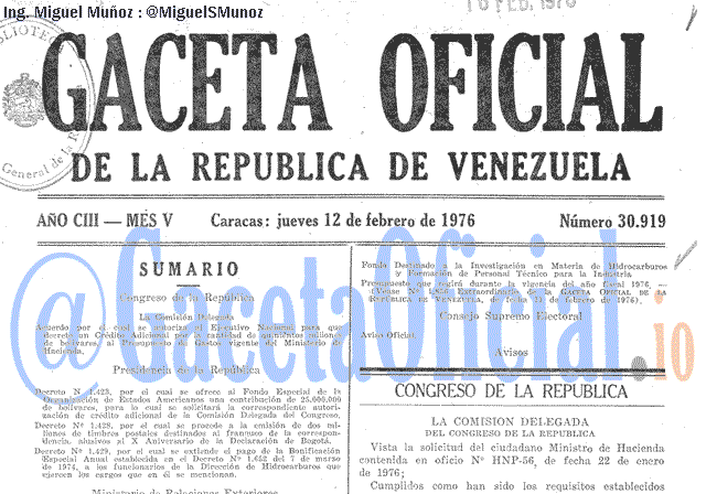 Gaceta Oficial 30919 del 12 Febrero 1976