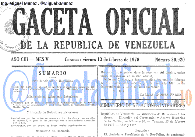 Gaceta Oficial 30920 del 13 Febrero 1976