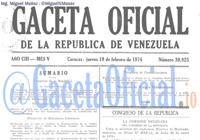 Gaceta Oficial 30925 del 19 Febrero 1976