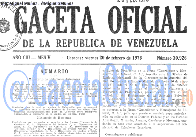 Gaceta Oficial 30926 del 20 Febrero 1976