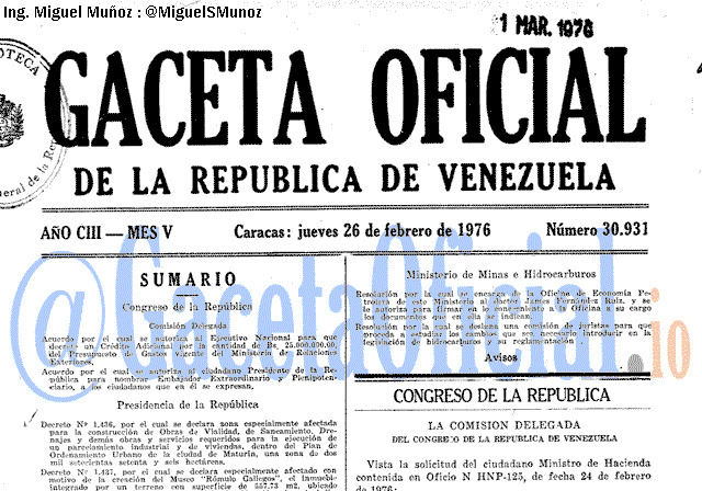 Gaceta Oficial 30931 del 26 Febrero 1976