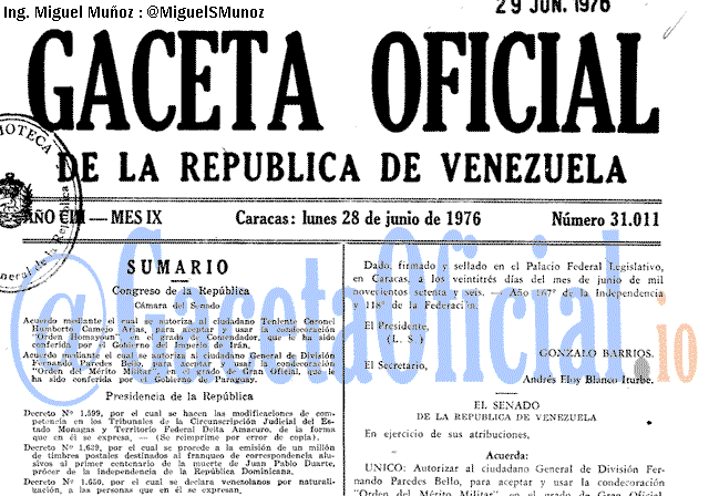 Gaceta Oficial 31011 del 28 Junio 1976