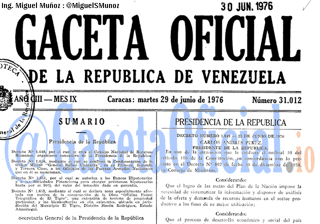 Gaceta Oficial 31012 del 29 Junio 1976
