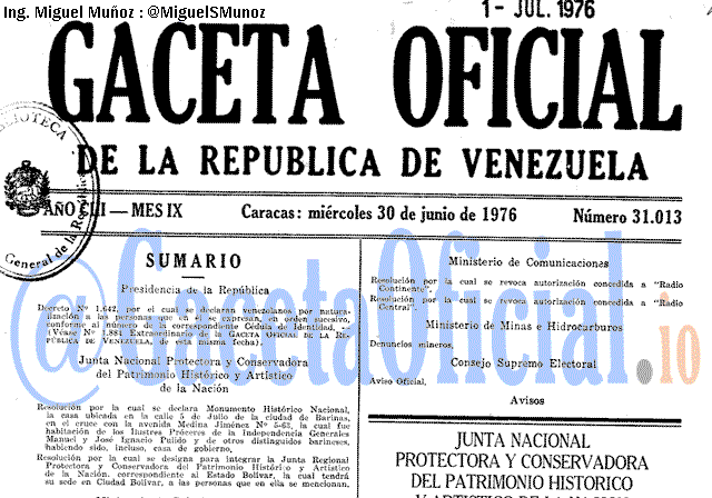 Gaceta Oficial 31013 del 30 Junio 1976
