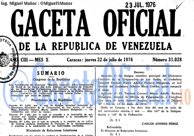 Gaceta Oficial 31028 del 22 Julio 1976