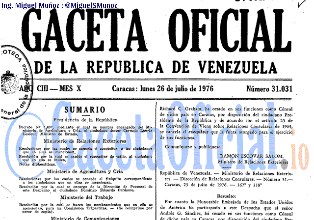 Gaceta Oficial 31031 del 26 Julio 1976