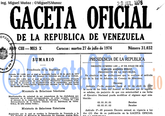 Gaceta Oficial 31032 del 27 Julio 1976
