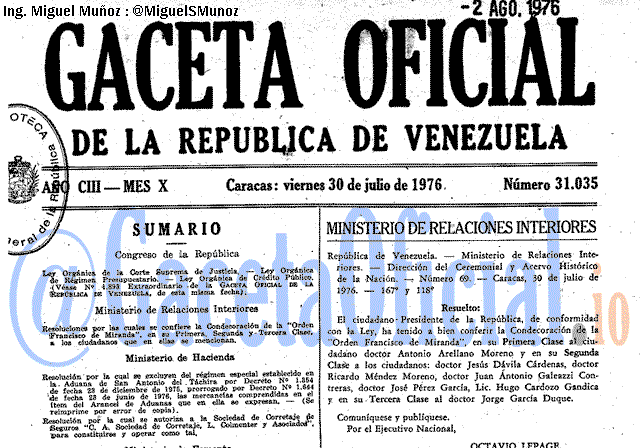 Gaceta Oficial 31035 del 30 Julio 1976