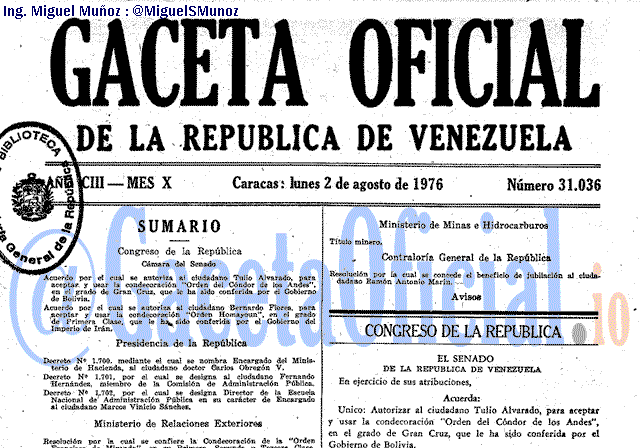 Gaceta Oficial 31036 del 2 Agosto 1976
