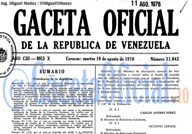 Gaceta Oficial 31042 del 10 Agosto 1976