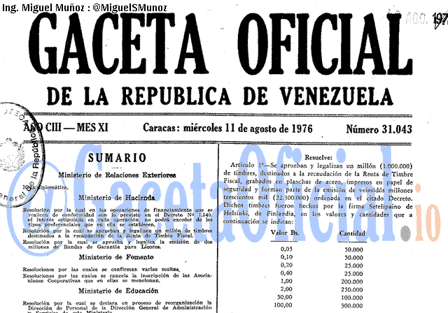 Gaceta Oficial 31043 del 11 Agosto 1976