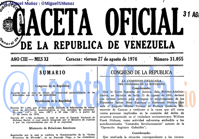 Gaceta Oficial 31055 del 27 Agosto 1976