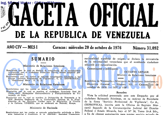 Gaceta Oficial 31092 del 20 Octubre 1976