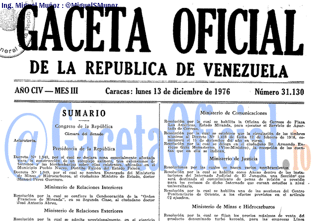Gaceta Oficial 31130 del 13 Diciembre 1976