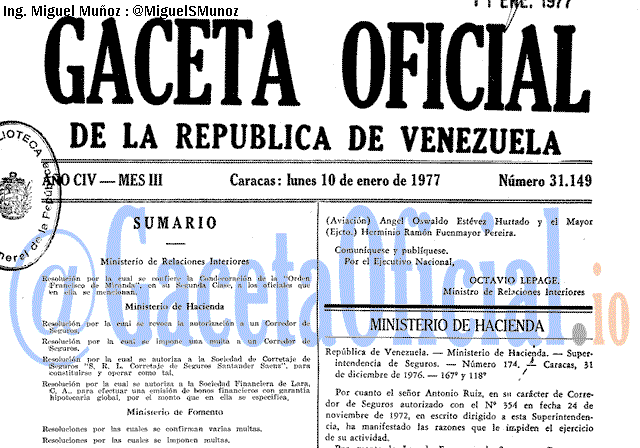 Gaceta Oficial 31149 del 10 Enero 1977